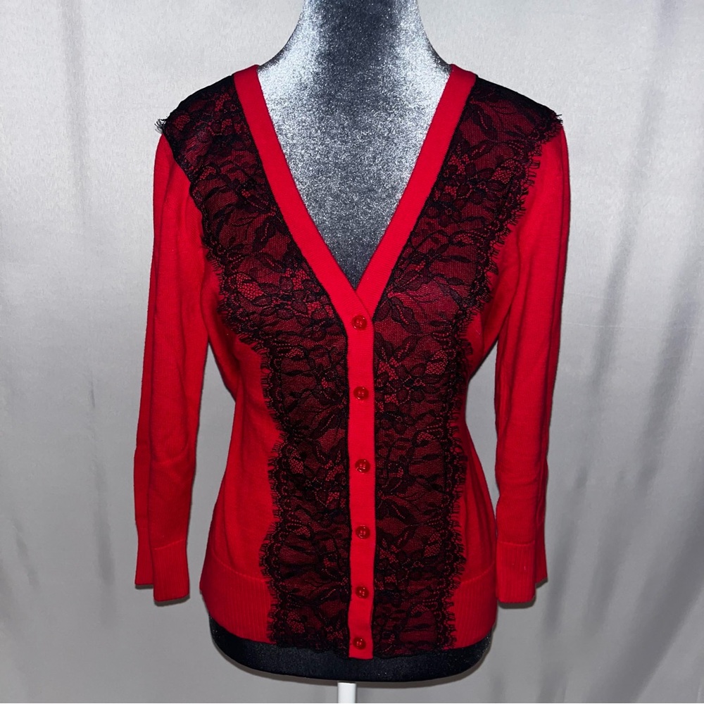 AGB Red Cardigan with Black Lace Detail